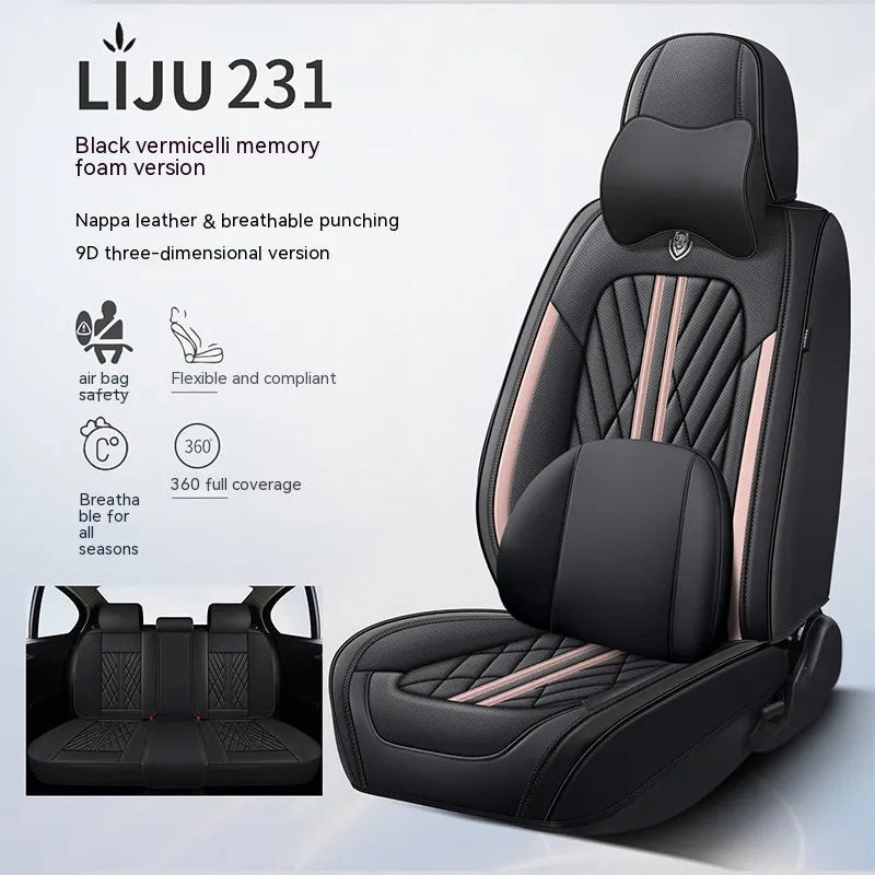 Five-piece leather car seat cushion set in various colour options with hemmed edge detailing