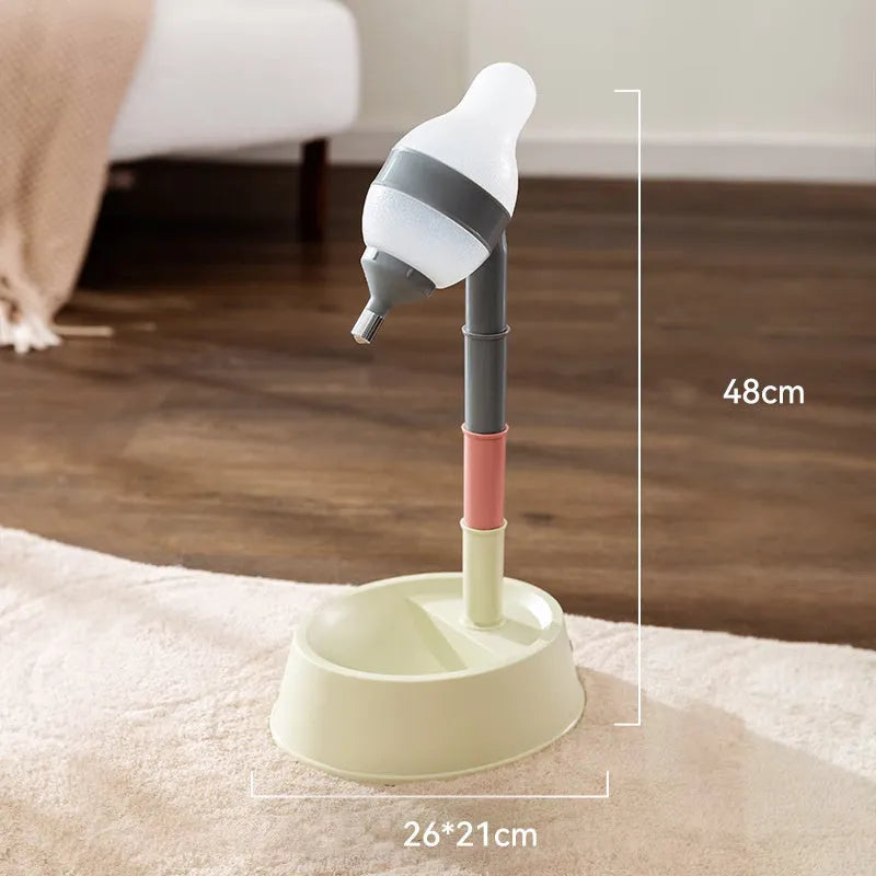 Green adjustable-height standing water dispenser for pets with a detachable pole and separate bowl.