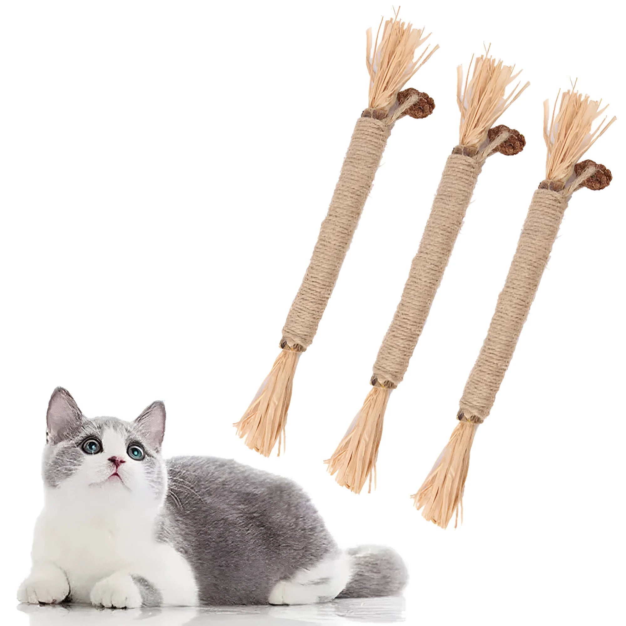 3 natural silvervine chew sticks for cats with sisal rope and raffia dental care toy