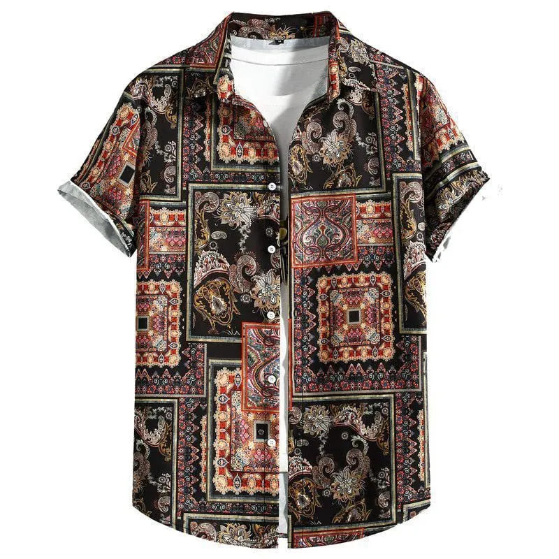 Men's slim fit digital printed Hawaiian short sleeve shirt in elastic polyester, showing colour options.