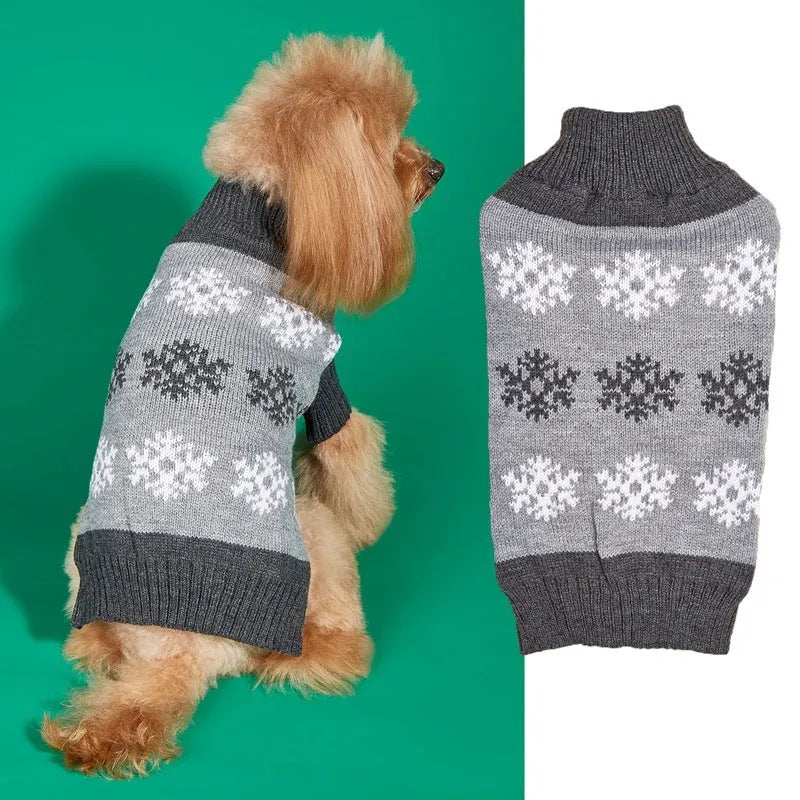 Dog wearing brown and grey Christmas sweater with snowflake pattern design