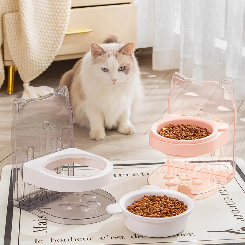 Grey cat feeding bowl with cat ear anti-spill design and removable hanging cage