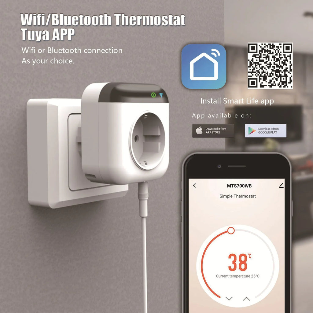 White Tuya temperature control smart socket with US 3-pin outlet and temperature sensor probe