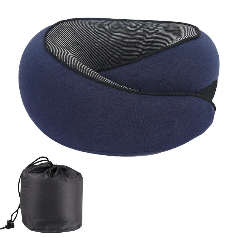 A U-shaped memory foam travel neck pillow in a simple design, shown with its matching storage bag.