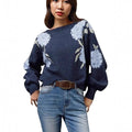 Women's sapphire blue loose pullover with floral jacquard pattern and off-neck design