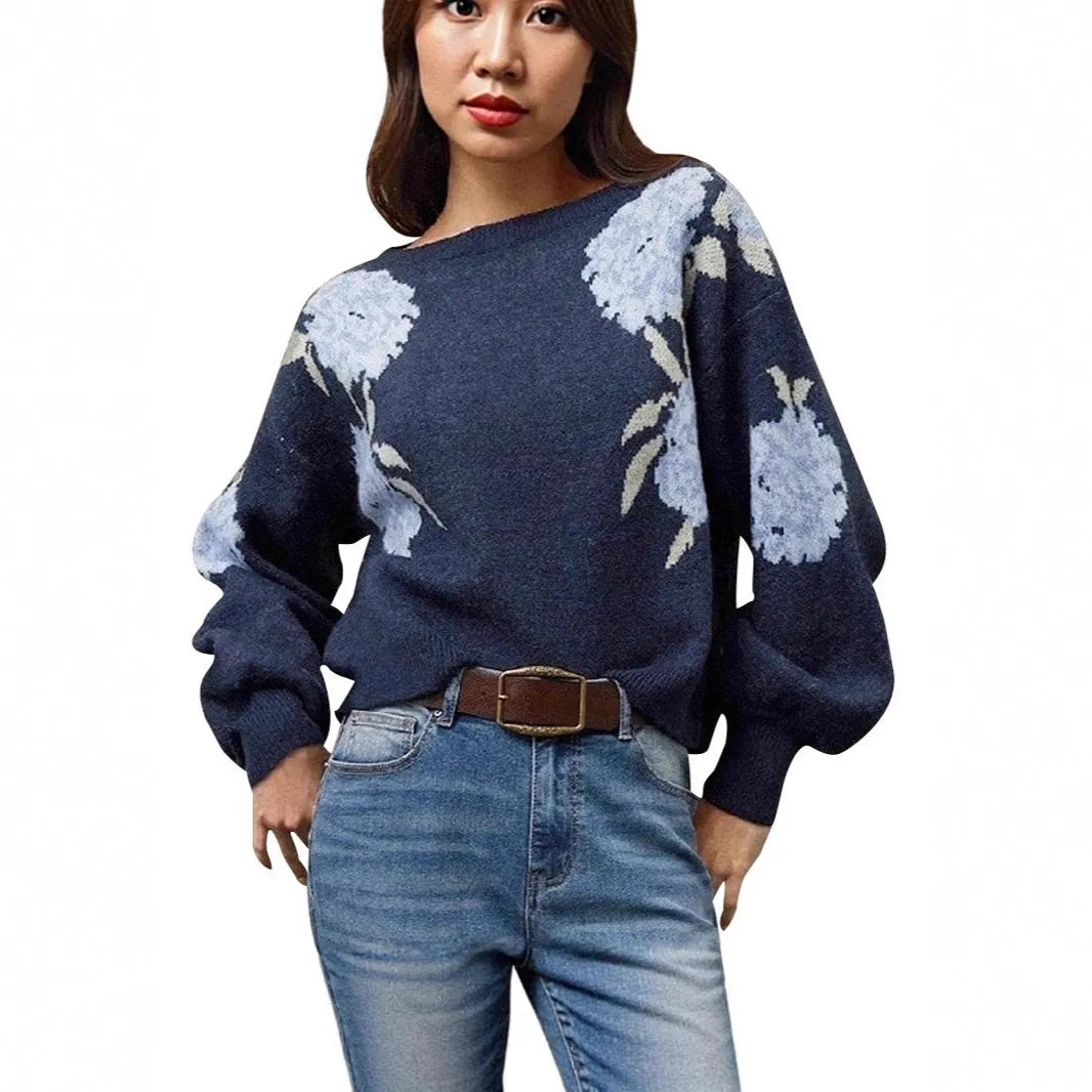Women's sapphire blue loose pullover with floral jacquard pattern and off-neck design