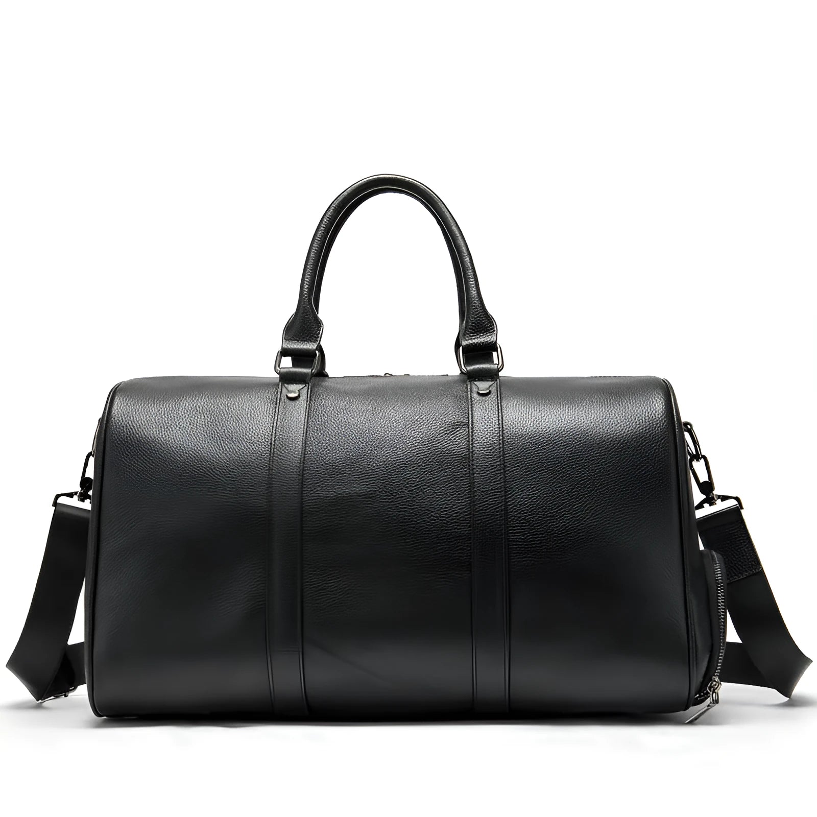 Men's black leather tote bag with a single shoulder strap, shown open to display large capacity.