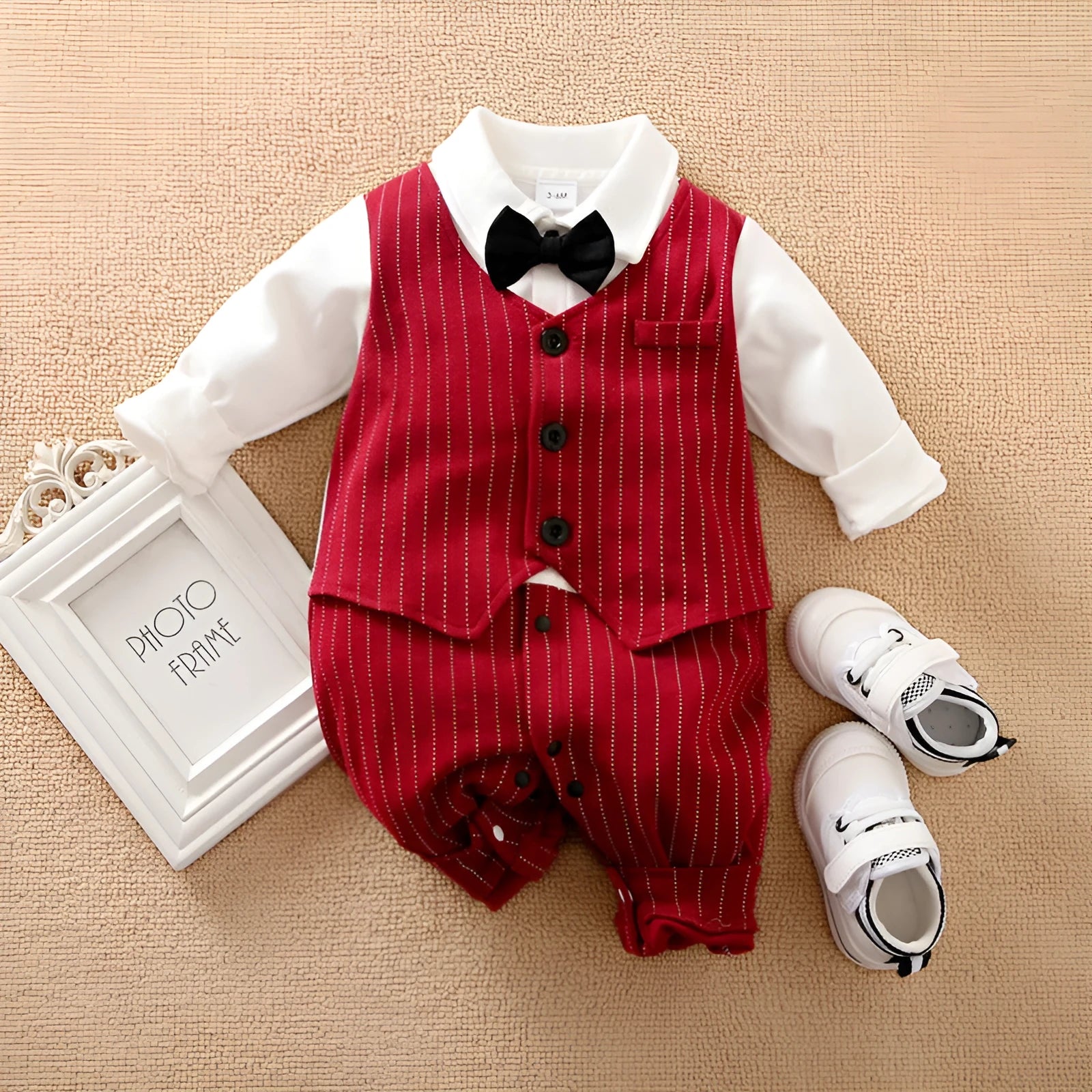 Wine red cotton baby boy romper one-piece suit with long sleeves in gentleman style.