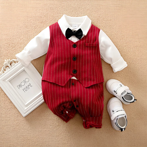 Wine red cotton baby boy romper one-piece suit with long sleeves in gentleman style.