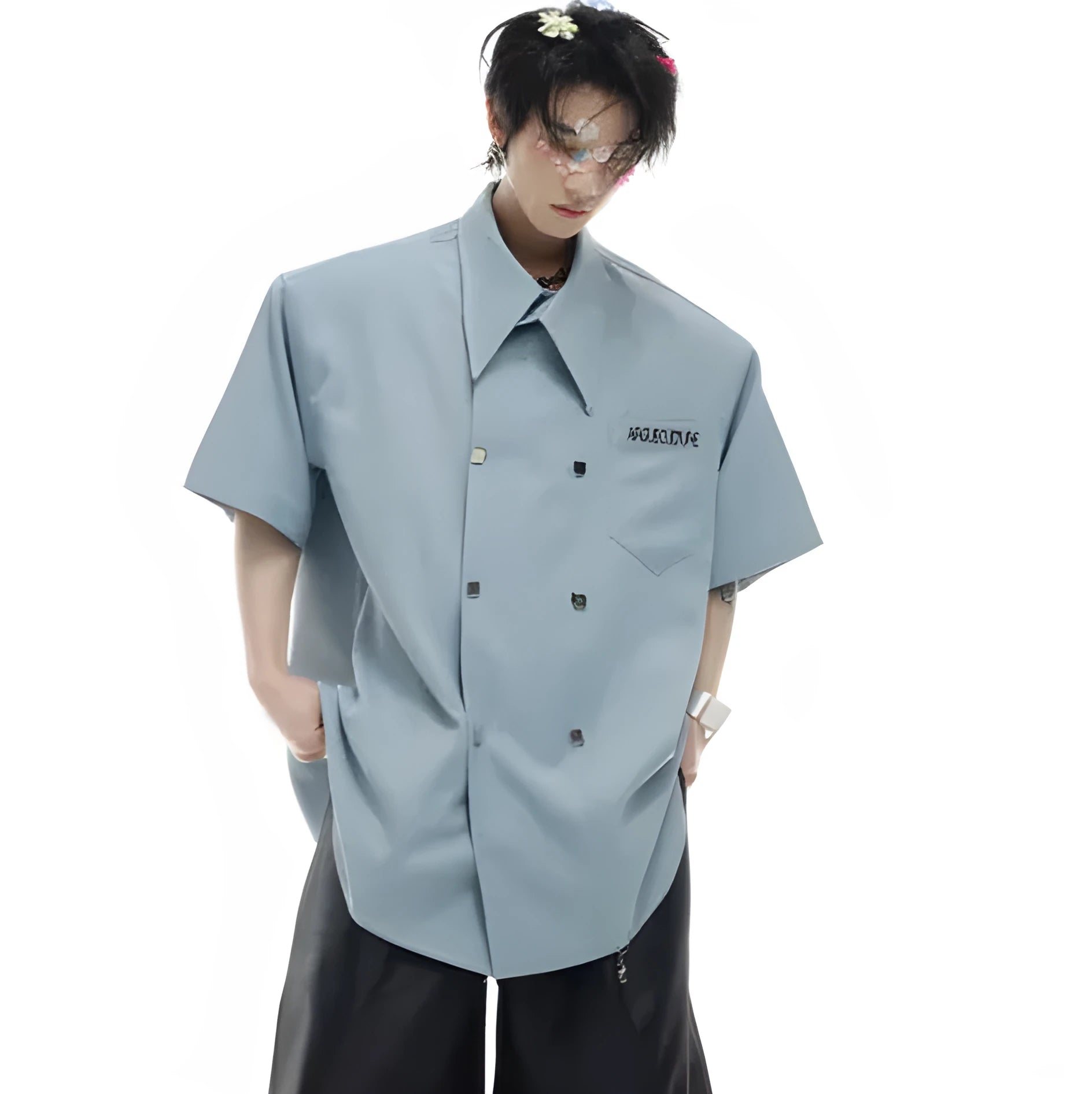 Men's loose summer casual short-sleeved shirt in high-count cotton blend with lapel collar