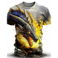 Man wearing a grey t-shirt with a large blue and white 3D wind dragon graphic print on the front.