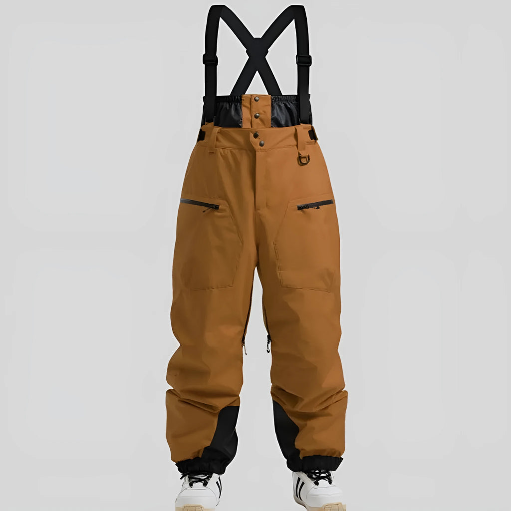 Man wearing black waterproof linen ski pants with a thickened strap, suitable for winter sports.