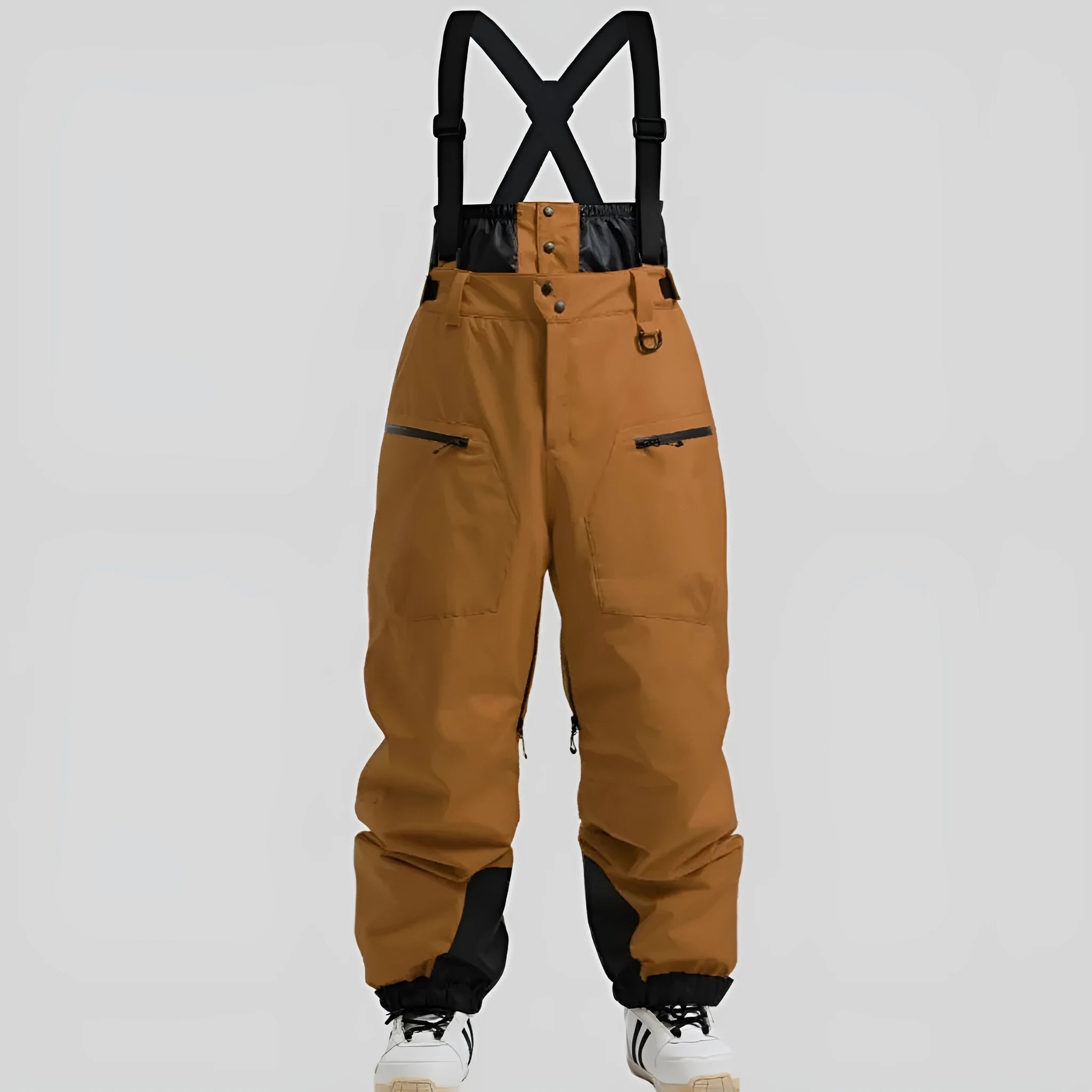 Man wearing black waterproof linen ski pants with a thickened strap, suitable for winter sports.