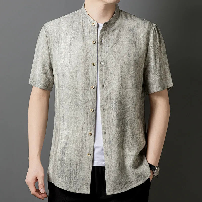 Men's loose fit short sleeve linen shirt in cardigan style with a stand collar.