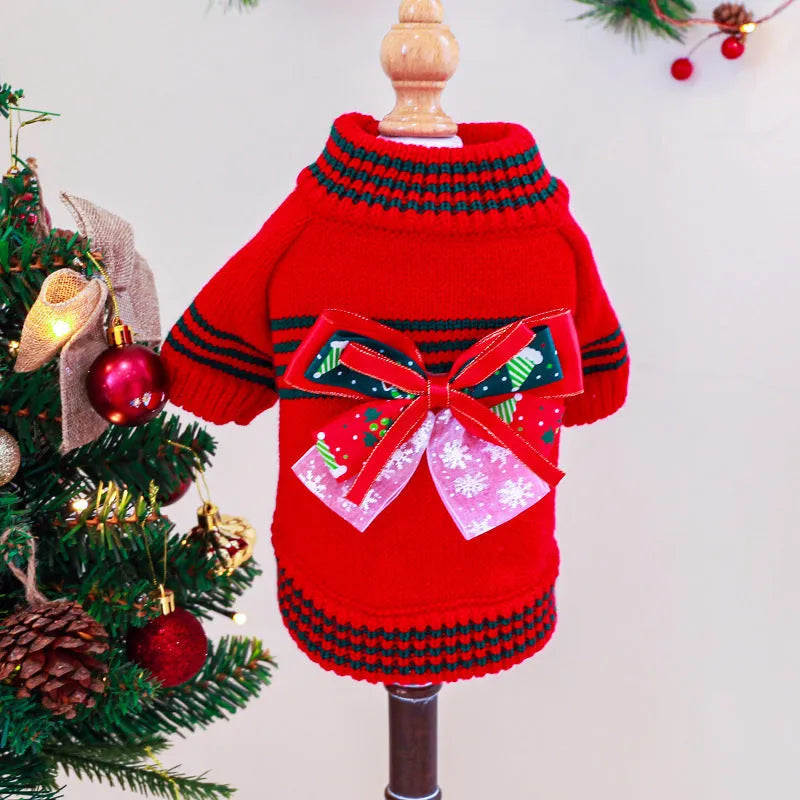 Red or green polyester knit Christmas sweater for small to medium dogs and cats on a festive background