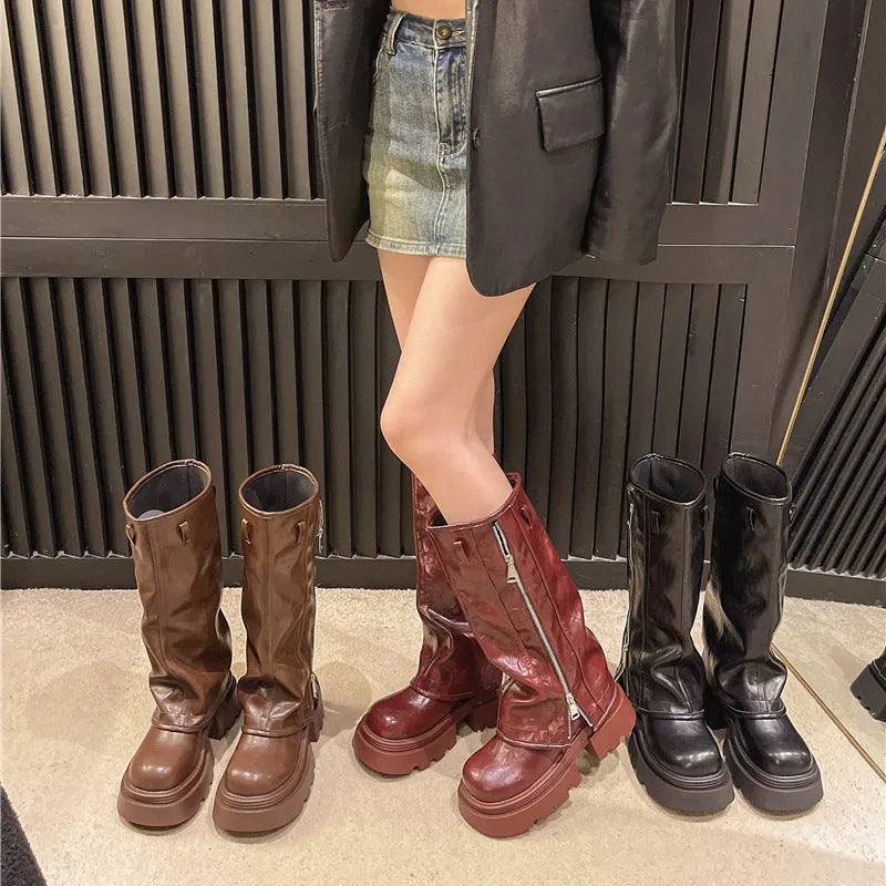 Platform muffin pants Martin boots with square heel in available colours: black, brown, and wine red