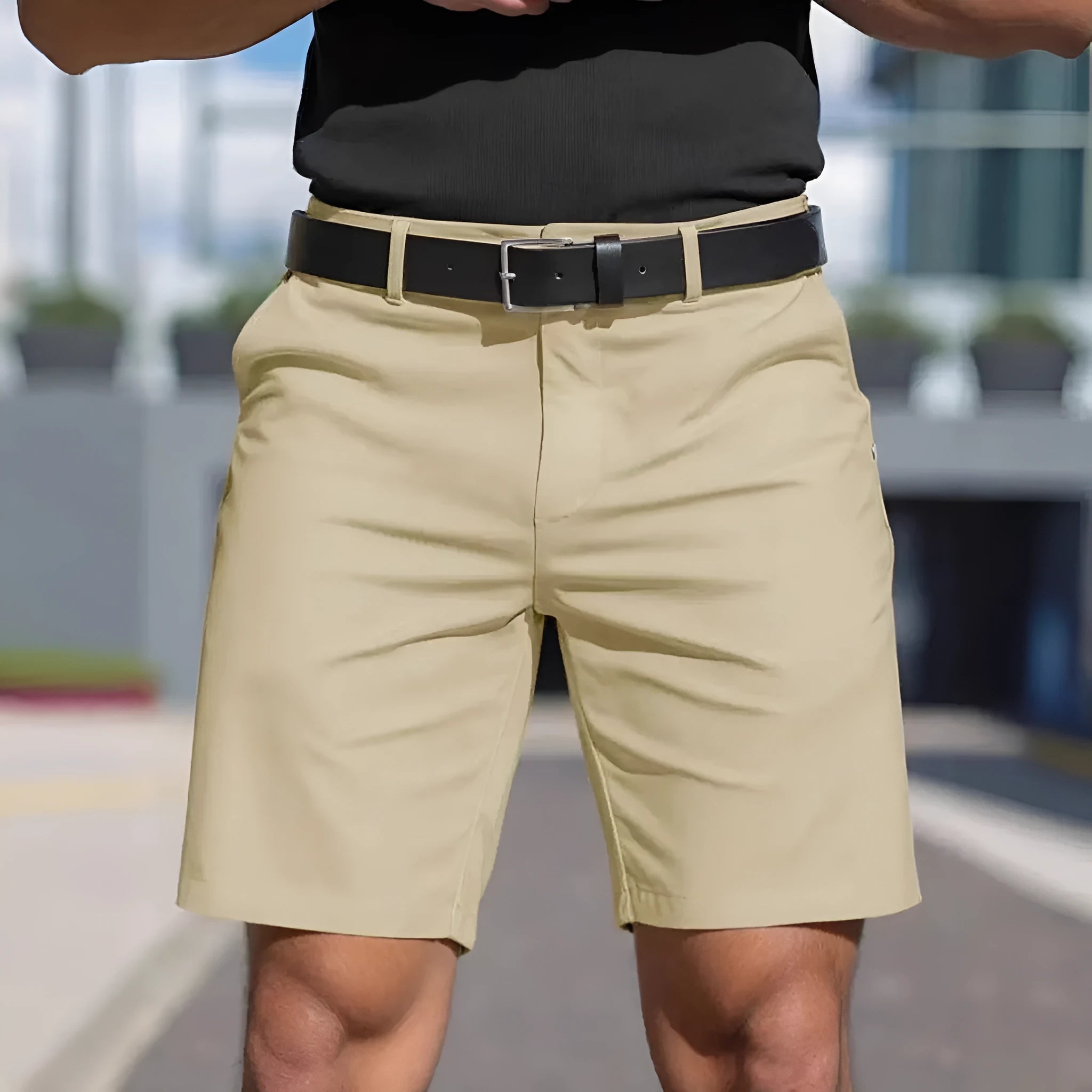 Men's solid colour straight-leg polyester shorts, fifth pants length with micro-elastic fabric