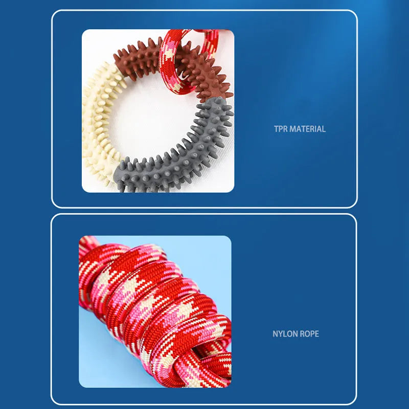 43 cm long braided rope dog chew toy with multiple knots in Blue, Red, and Rose Red colour options