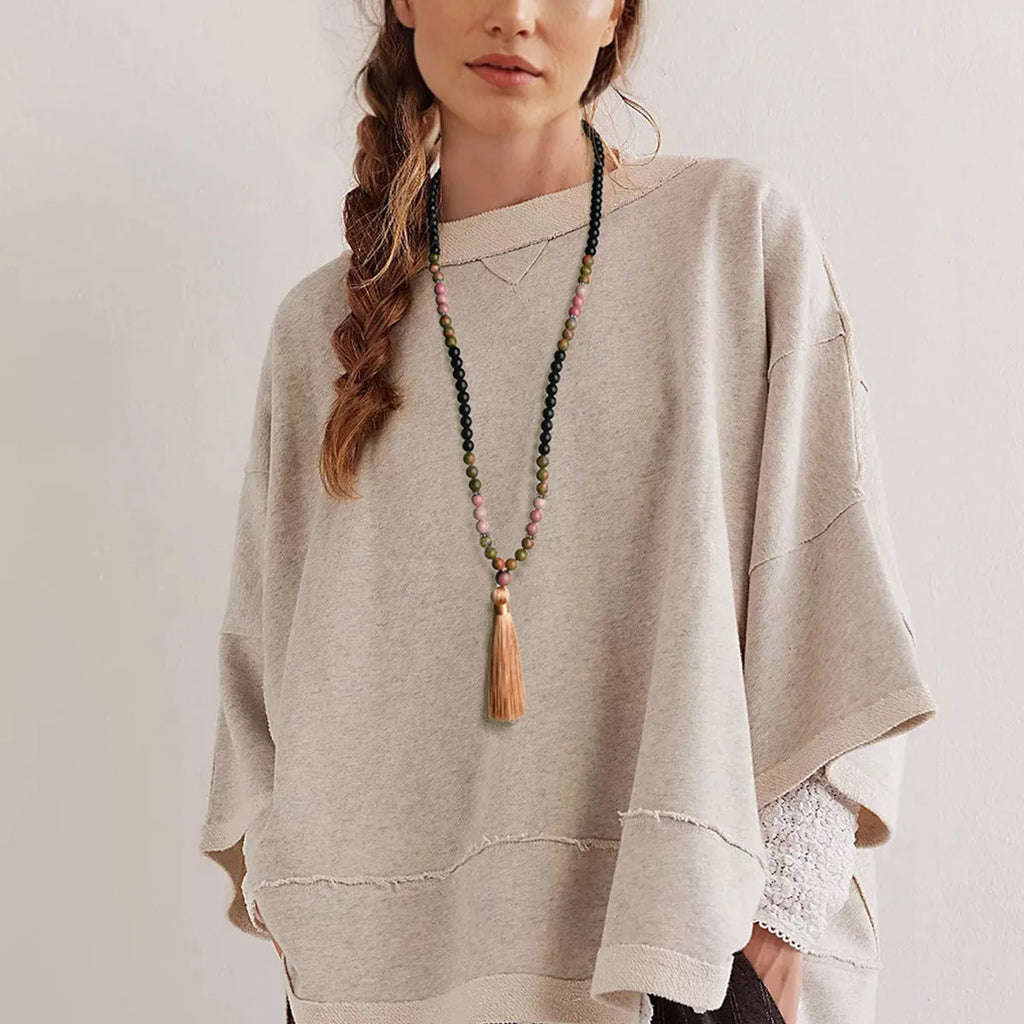 81cm long bohemian necklace with geometric gemstone pendant and 108 natural stone tassels.
