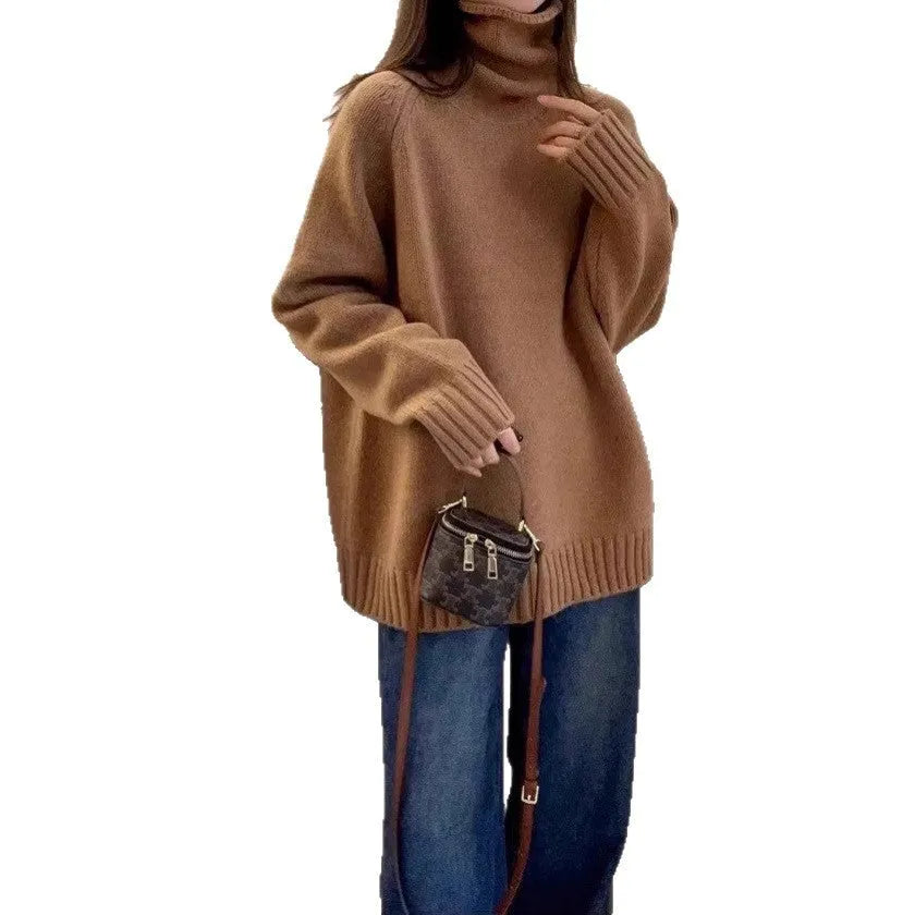 Women's thick loose-fit turtleneck sweater with curling pile collar in red, camel, grey, or black.