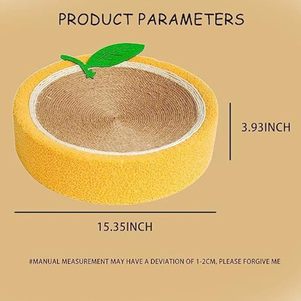 Yellow fruit design round cat scratching board with sisal surface and sleeping area