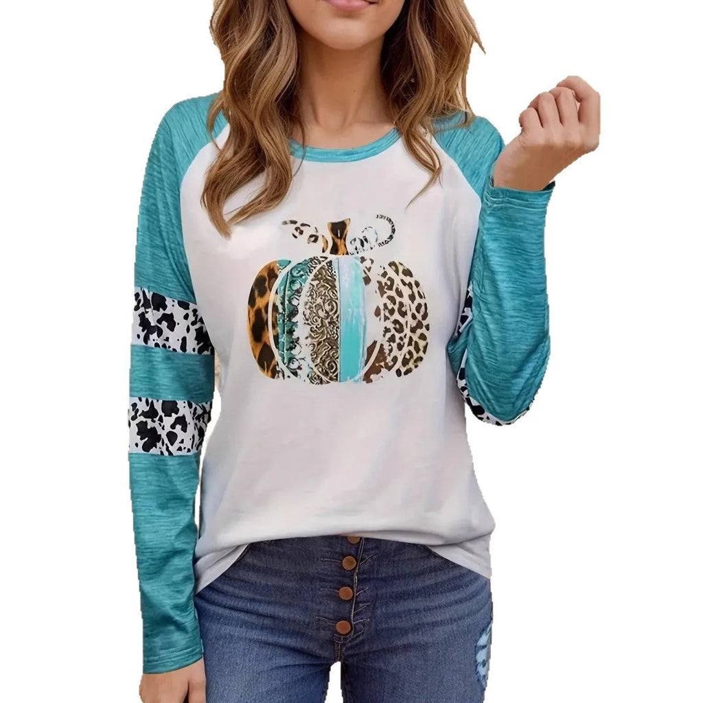 Halloween pumpkin 3D digital printed sky blue T-shirt with Japanese Korean casual style