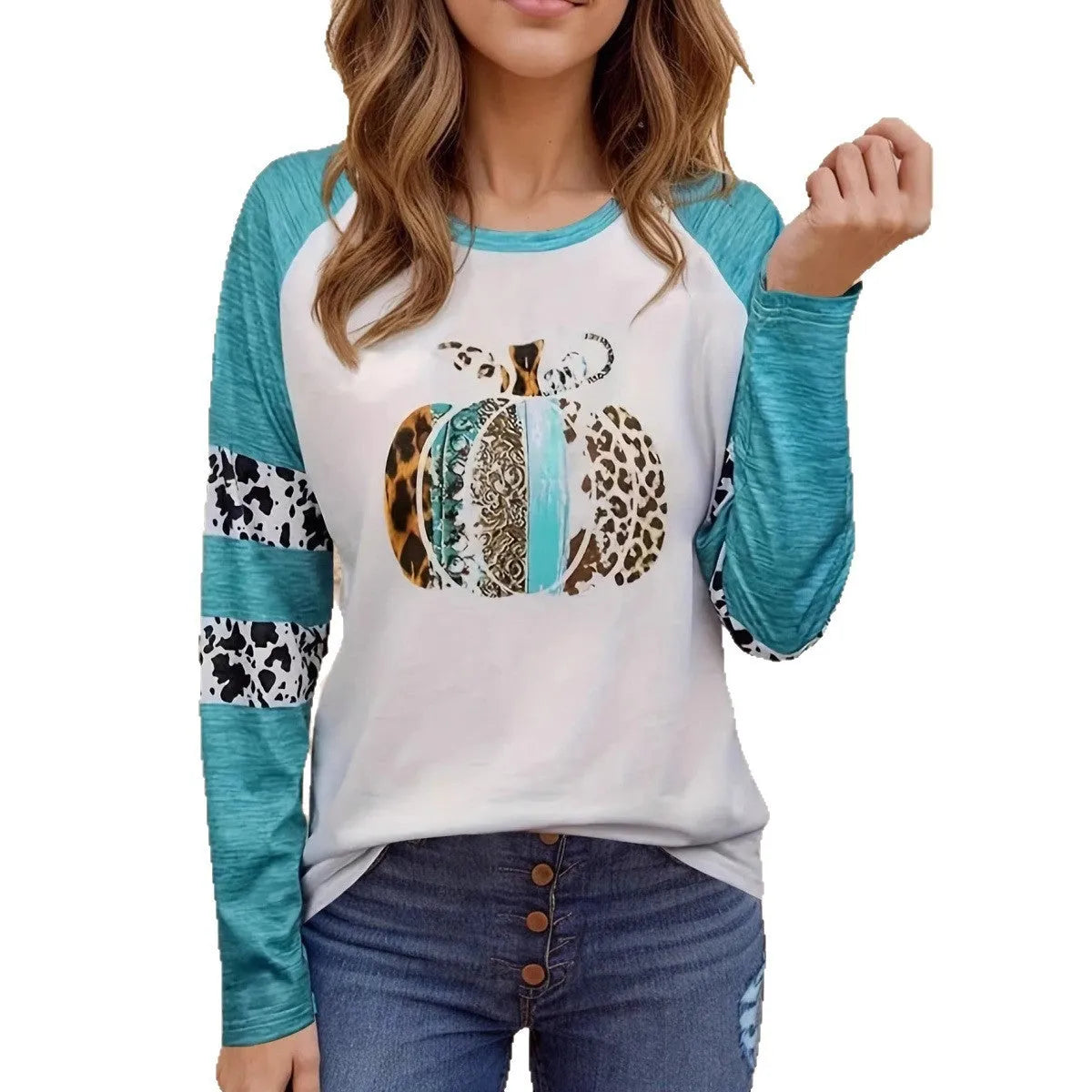 Halloween pumpkin 3D digital printed sky blue T-shirt with Japanese Korean casual style