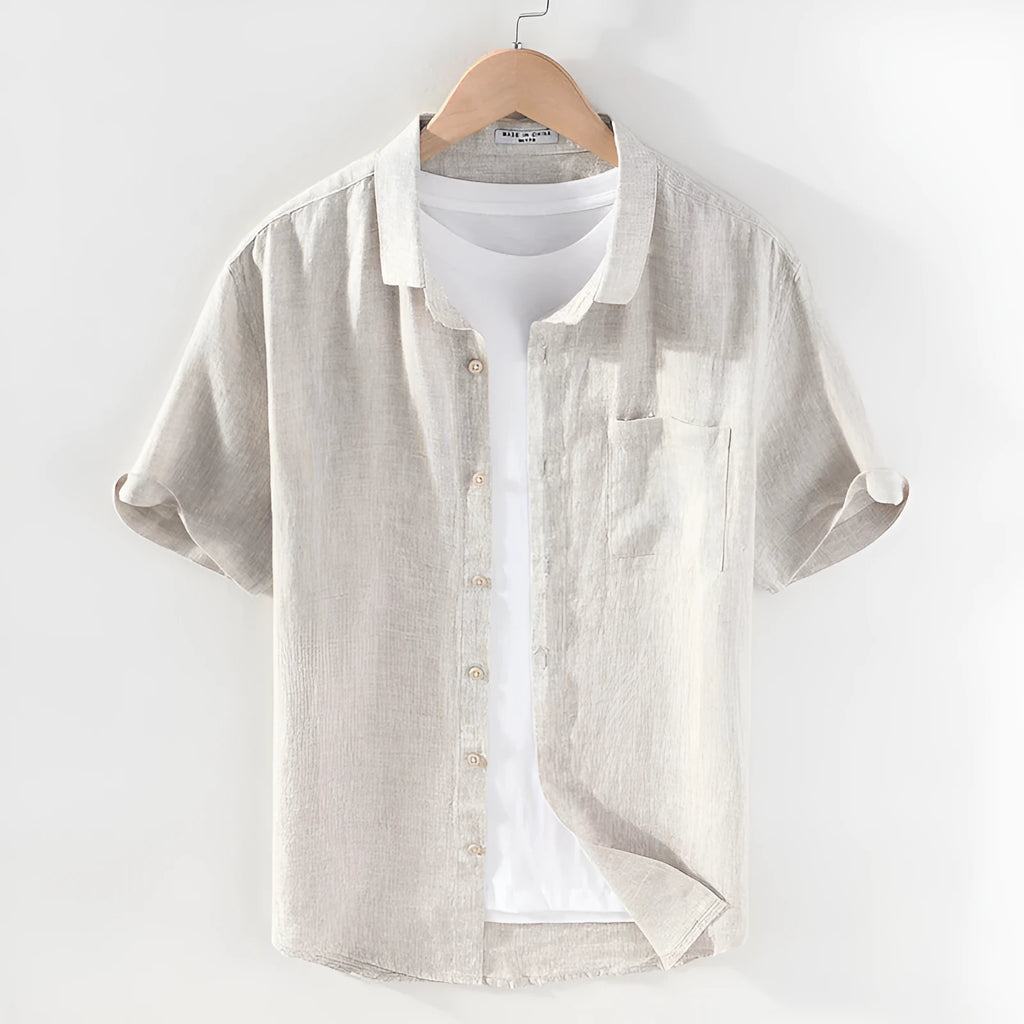 Men's raw jute coloured linen short sleeve shirt with square collar and button front.