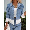 Blue women's denim jacket with lace stitching detail on the front, long sleeves.