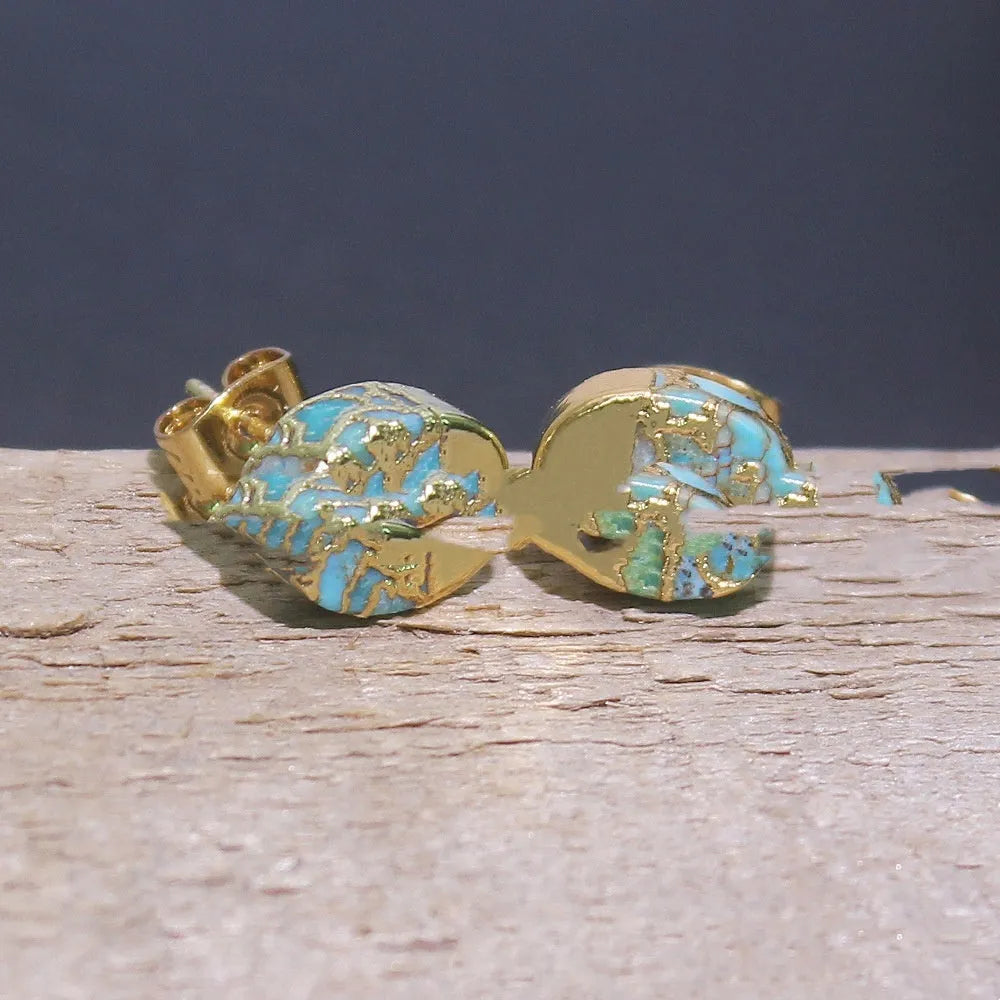 Natural stone bohemian stud earrings with irregular labradorite stones in silver settings