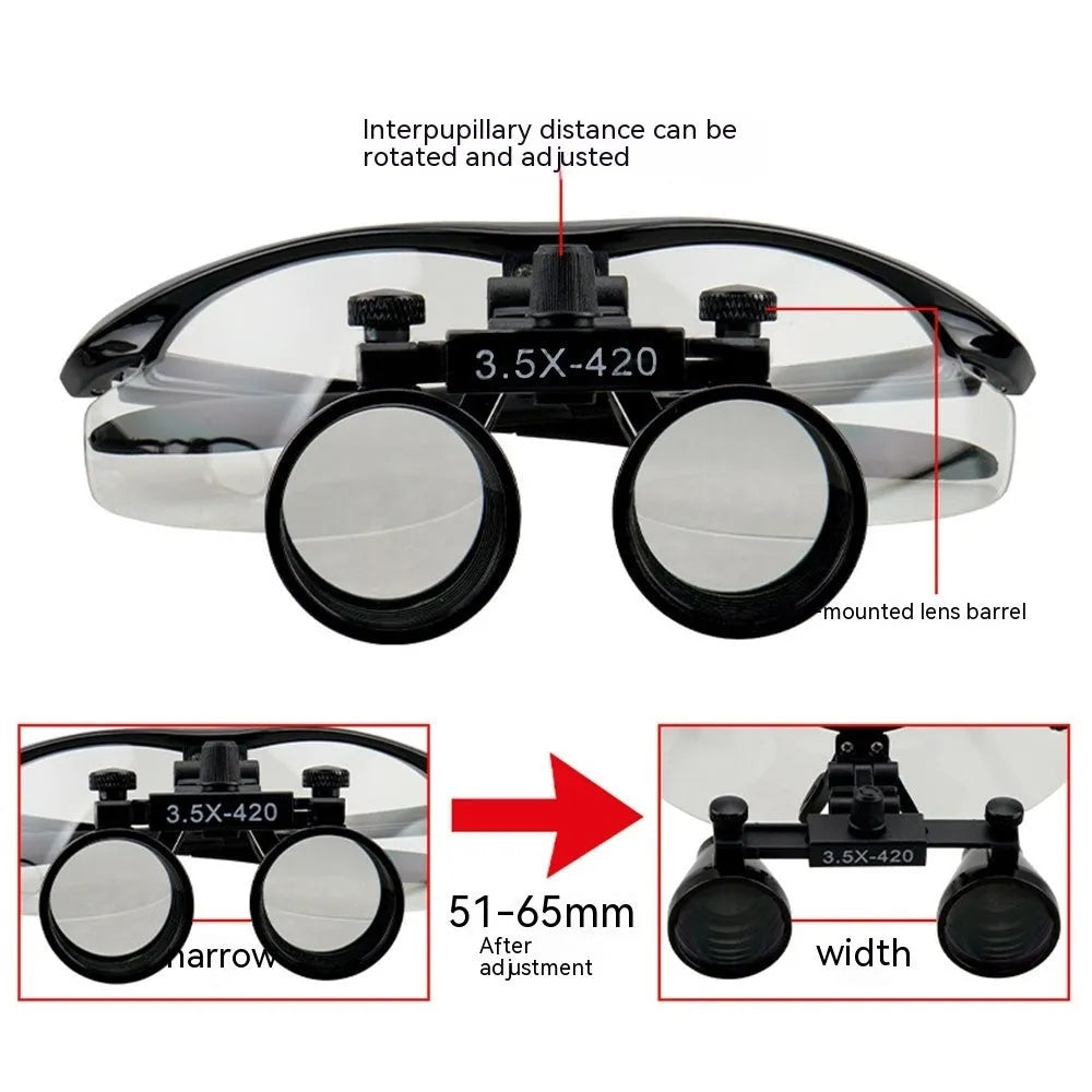 Black plastic head-mounted LED magnifying glass for dental and detailed work, showing adjustable strap and lens.