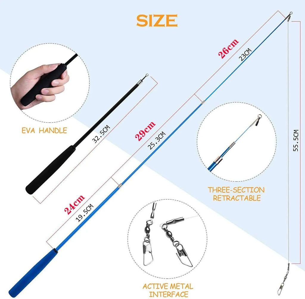 Cat teasing rod set with extendable wand and feather replacement heads