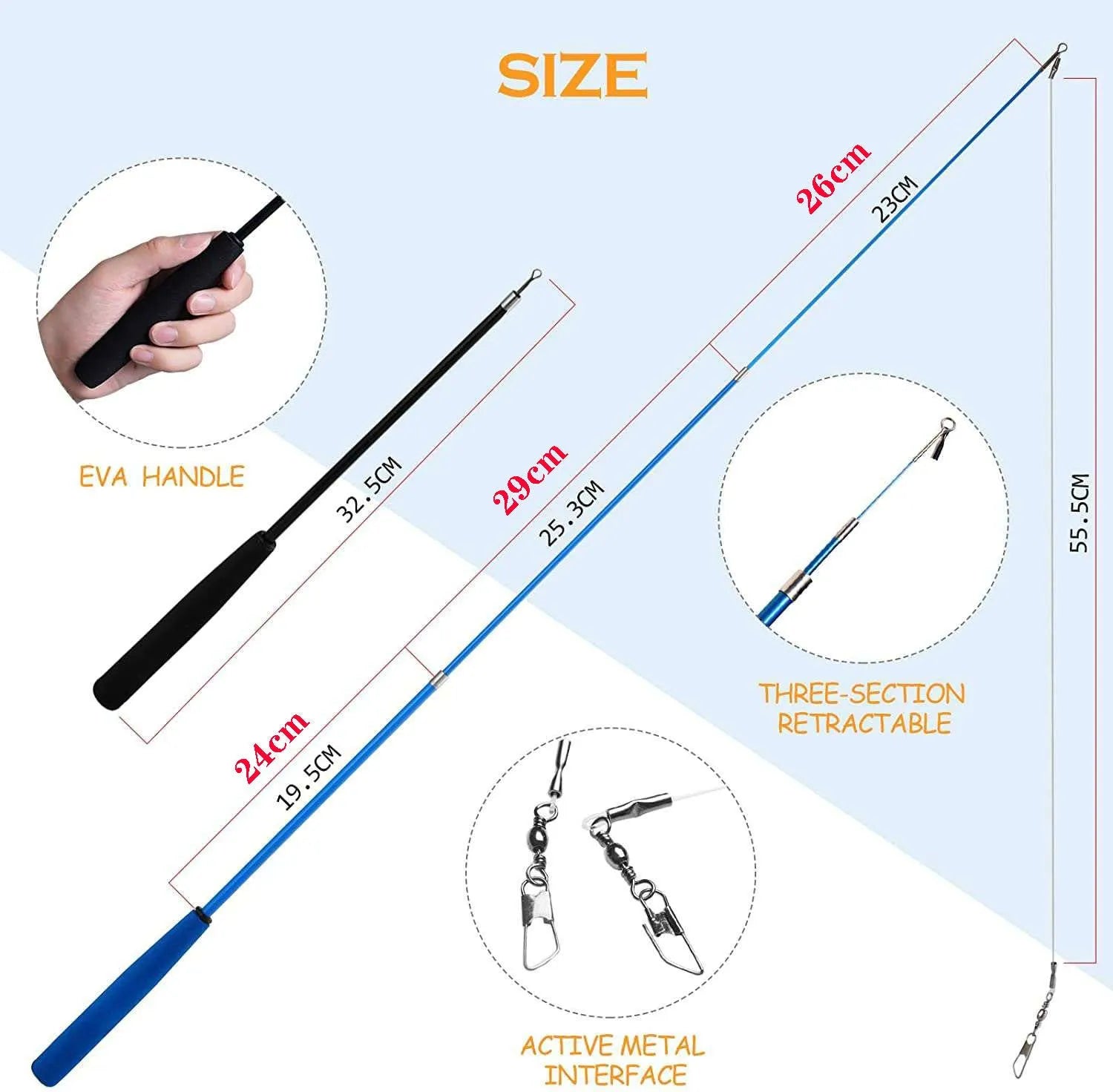 Cat teasing rod set with extendable wand and feather replacement heads