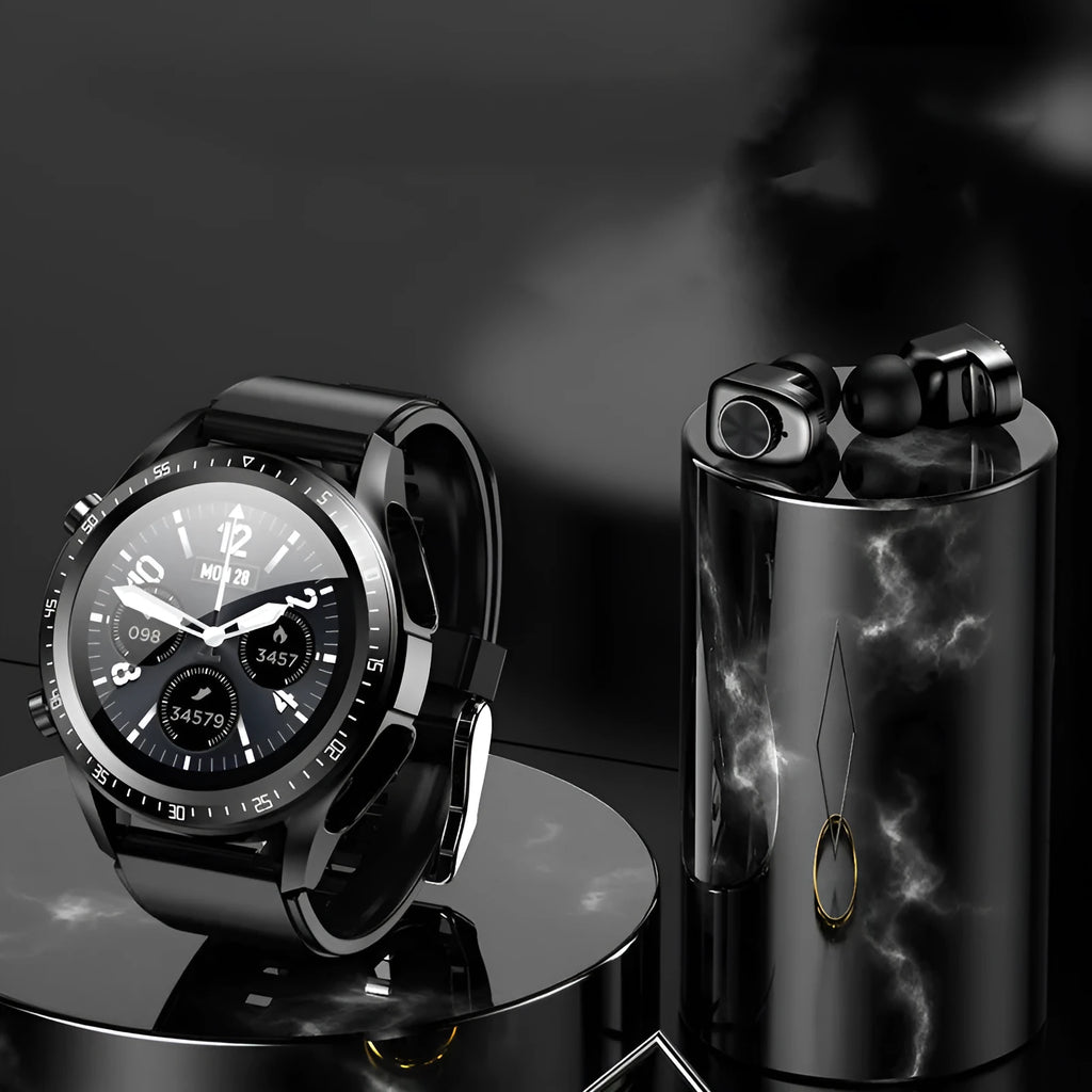 Black stainless steel round dial smart watch with heart rate monitoring and Bluetooth call feature