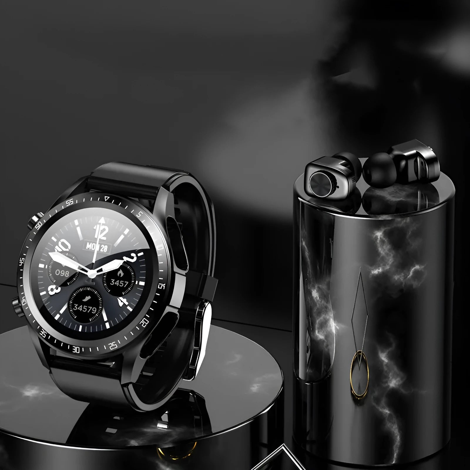 Black stainless steel round dial smart watch with heart rate monitoring and Bluetooth call feature