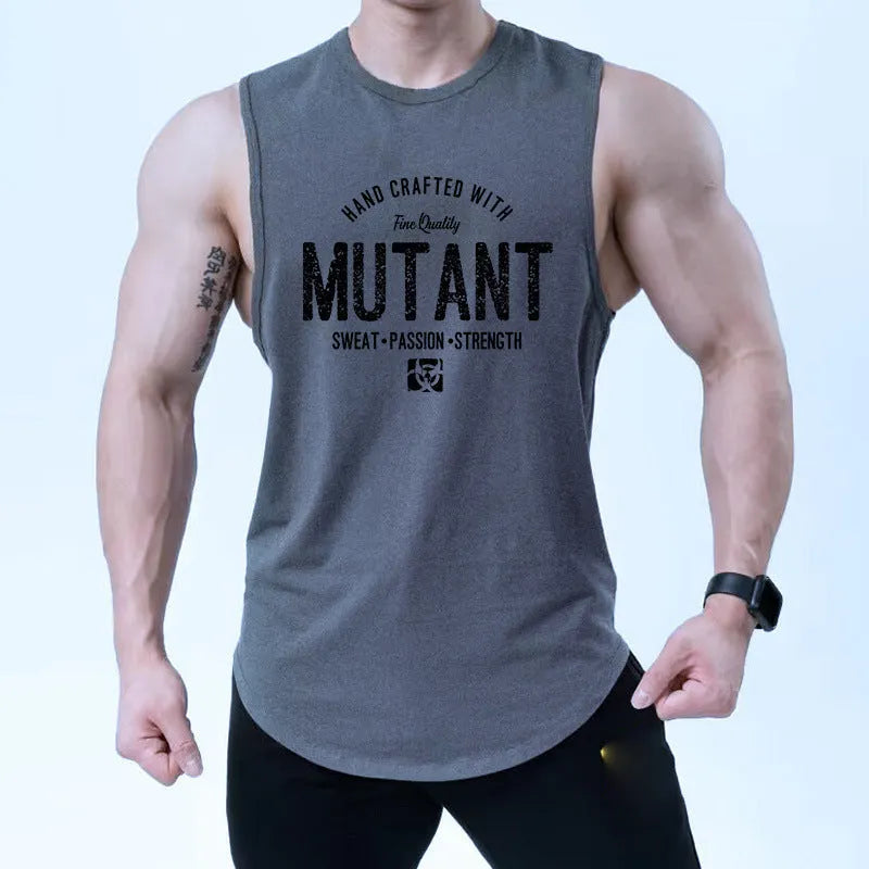Man wearing a loose grey sleeveless polyester fitness vest for gym workouts.
