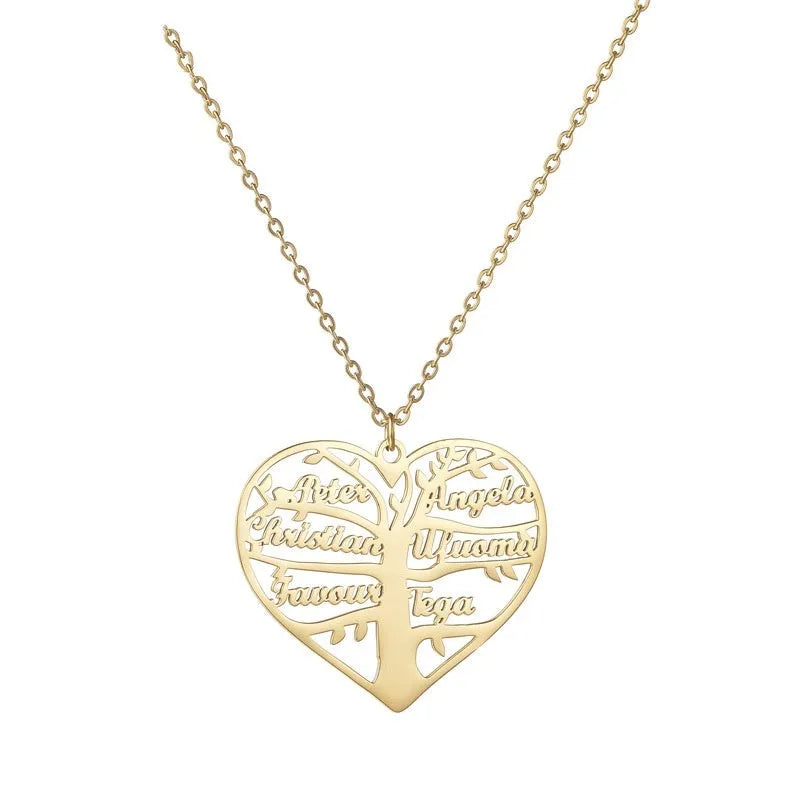 Custom stainless steel name necklace with family tree and hollow heart pendant in gold, silver, or rose gold.