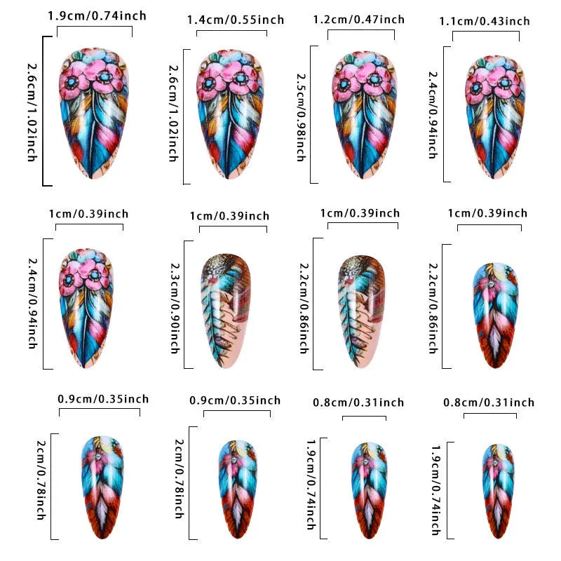 Plastic retro feather armour nail art decorative pieces in multiple patterns including cartoon, floral, and heart designs