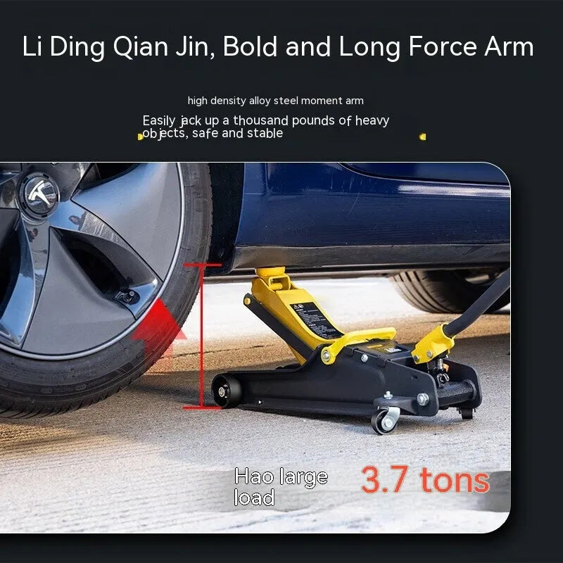 Horizontal hydraulic car jack with handle and compression member for low-profile vehicle tyre changes