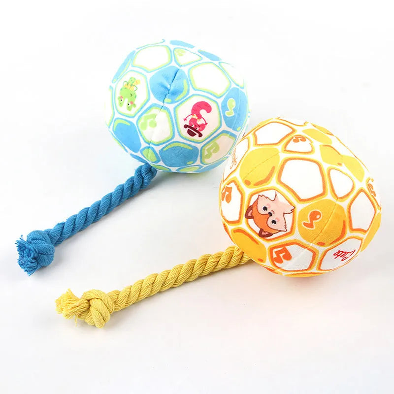 Blue elastic football dog tug toy made from cotton rope for interactive play