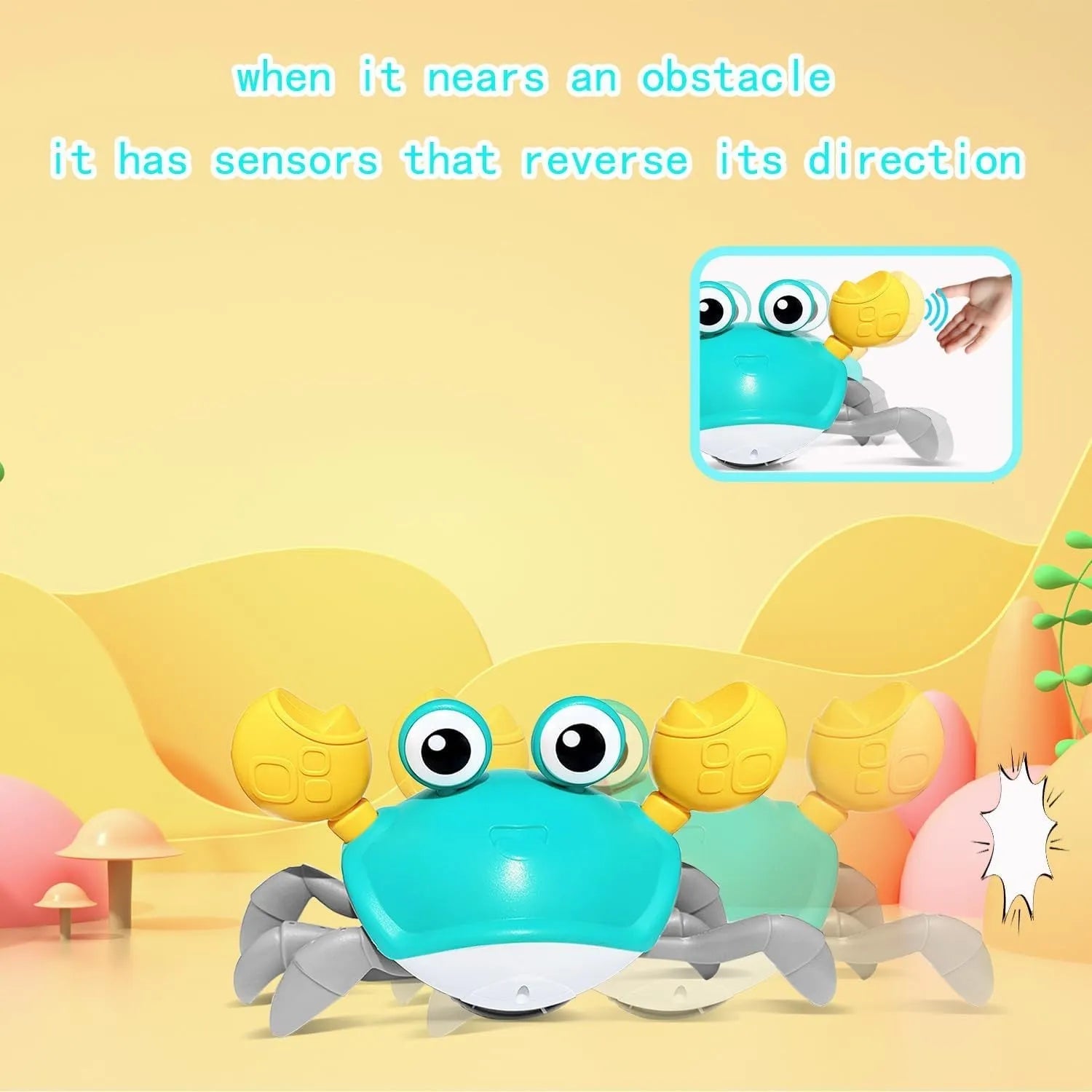 Blue interactive electronic crab dog toy crawling on floor with obstacle avoidance sensors and lights.