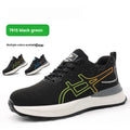 Black and blue low-cut safety protective shoe with breathable mesh upper and rubber tendon construction.