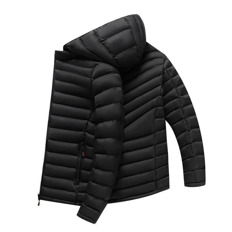 Man wearing a lightweight solid-colour hooded down jacket with a detachable collar and zipper pockets.