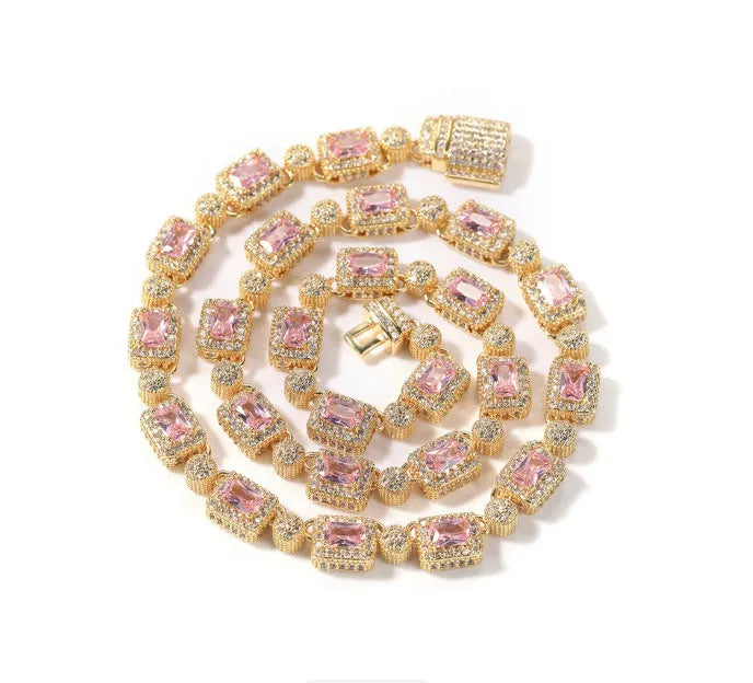 Copper inlaid hip-hop necklace with synthetic cubic zirconia and rhinestone stones, 40cm chain length, Gold White Zircon colour option