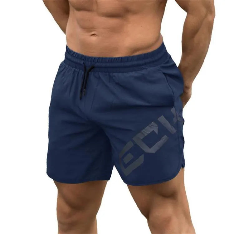 Men's black knee-length running shorts with elastic waist, shown flat for detail.