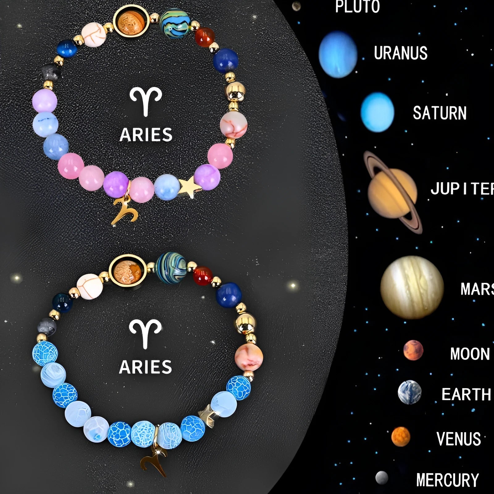 Set of twelve natural stone beaded bracelets with individual zodiac charms for each horoscope sign