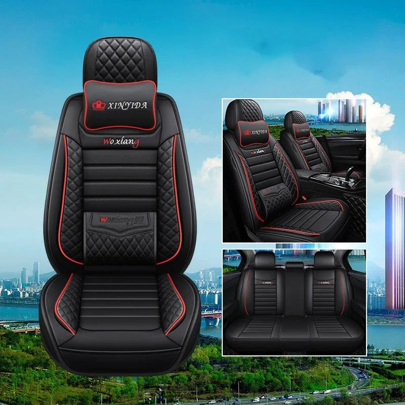 Leather car seat cushion with high elastic sponge filling in red, green, or brown colours.