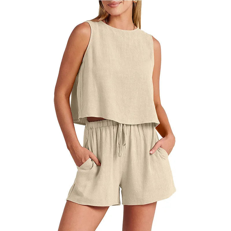 Women's summer two-piece set with sleeveless top and drawstring shorts in rayon-linen fabric