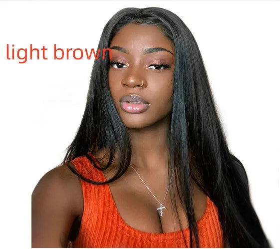 Women's long straight synthetic wig with centre part and bangs in black colour