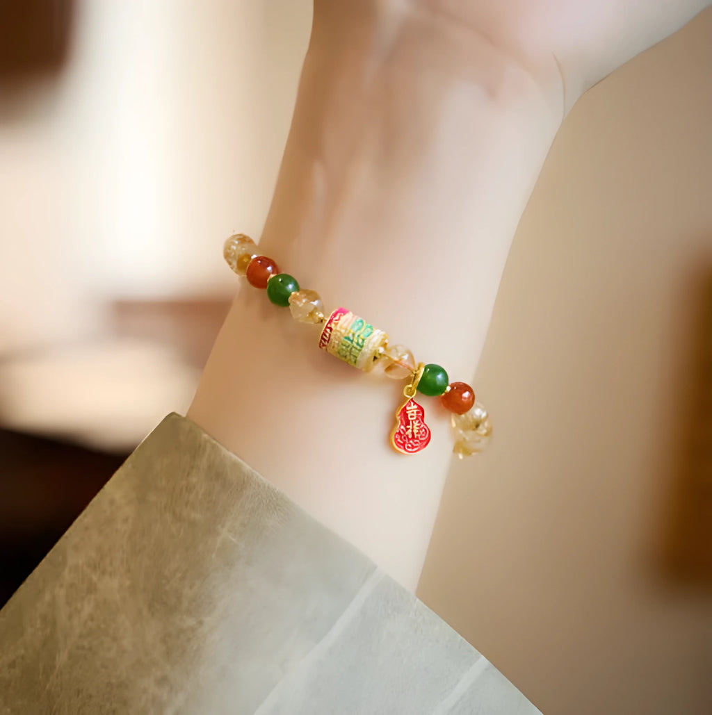 Citrine five-sutra crystal bracelet with hand-woven construction and 6mm geometric beads